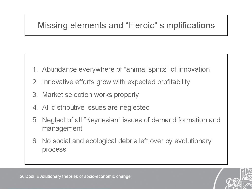 Missing elements and “Heroic” simplifications 1. Abundance everywhere of “animal spirits” of innovation 2.