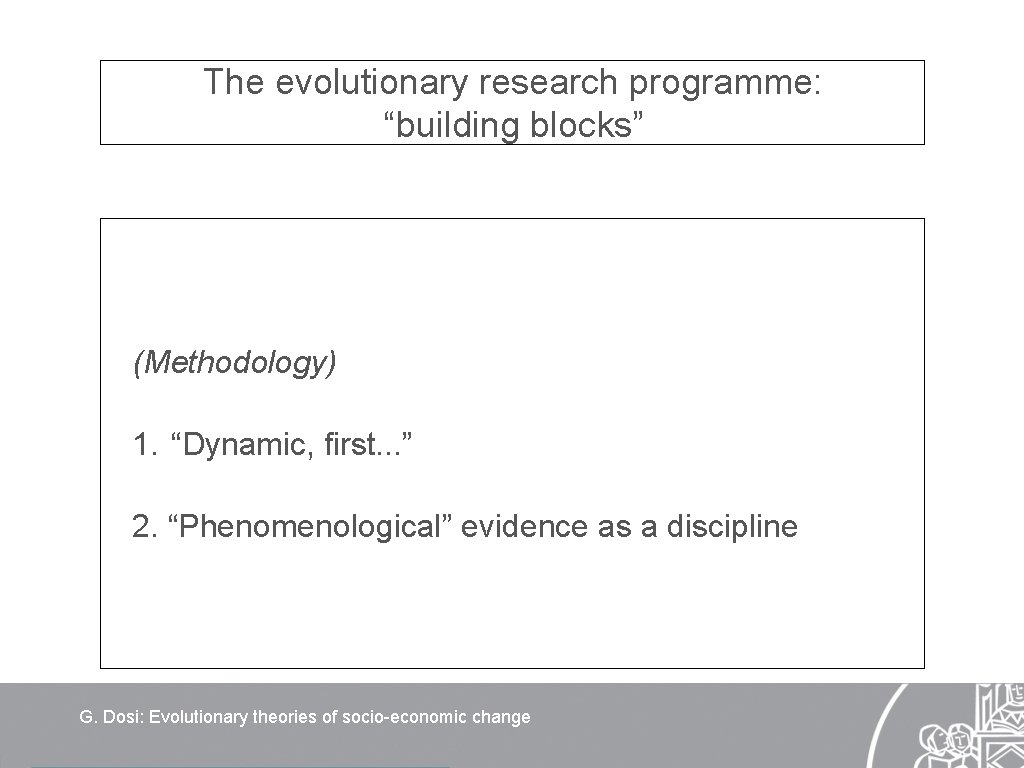The evolutionary research programme: “building blocks” (Methodology) 1. “Dynamic, first. . . ” 2.