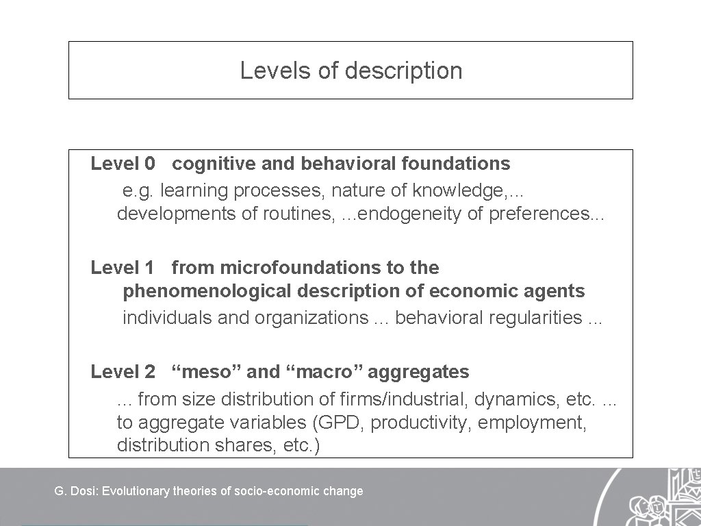 Levels of description Level 0 cognitive and behavioral foundations e. g. learning processes, nature