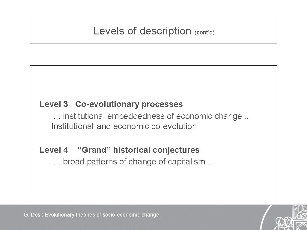 Levels of description (cont’d) Level 3 Co-evolutionary processes. . . institutional embeddedness of economic