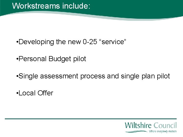 Workstreams include: • Developing the new 0 -25 “service” • Personal Budget pilot •