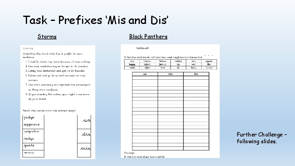 Task – Prefixes ‘Mis and Dis’ Storms Black Panthers Further Challenge – following slides.