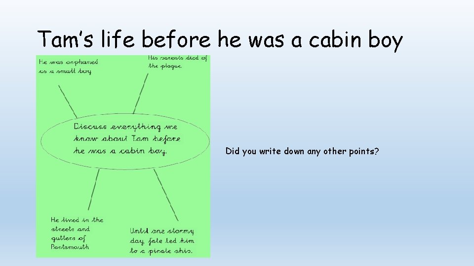Tam’s life before he was a cabin boy Did you write down any other