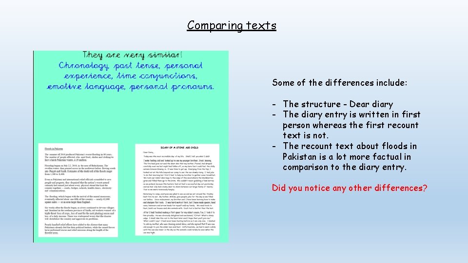 Comparing texts Some of the differences include: - The structure - Dear diary -