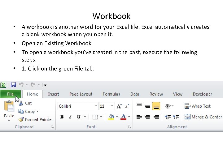 Workbook • A workbook is another word for your Excel file. Excel automatically creates