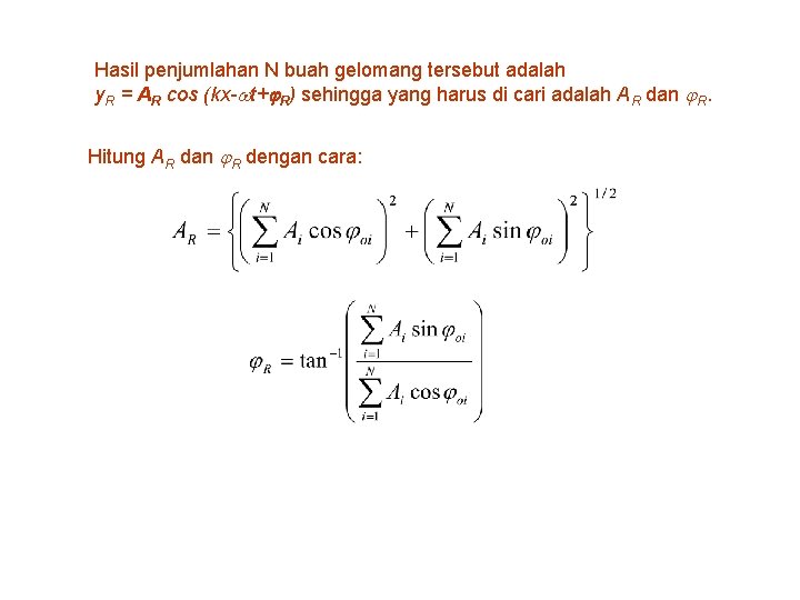 Hasil penjumlahan N buah gelomang tersebut adalah y. R = AR cos (kx- t+