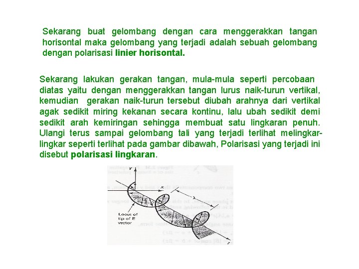 Sekarang buat gelombang dengan cara menggerakkan tangan horisontal maka gelombang yang terjadi adalah sebuah