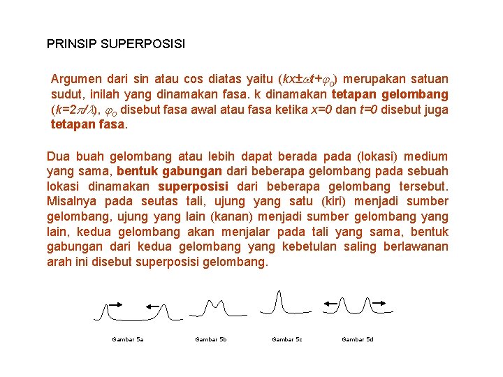 PRINSIP SUPERPOSISI Argumen dari sin atau cos diatas yaitu (kx± t+ o) merupakan satuan