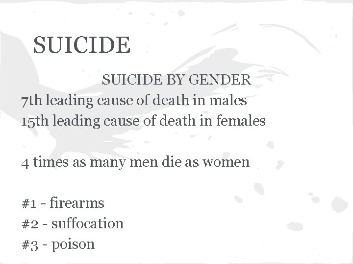 SUICIDE BY GENDER 7 th leading cause of death in males 15 th leading