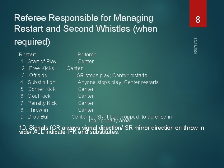 Restart 1. Start of Play 2. Free Kicks 3. Off side 4. Substitution 5.