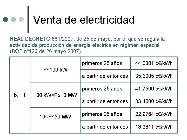 Venta de electricidad REAL DECRETO 661/2007, de 25 de mayo, por el que se