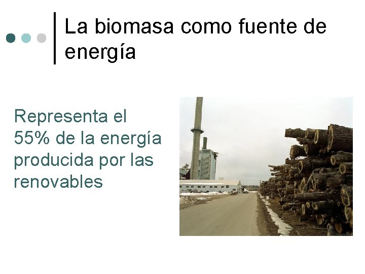 La biomasa como fuente de energía Representa el 55% de la energía producida por