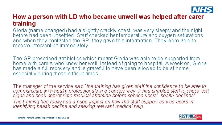 How a person with LD who became unwell was helped after carer training Gloria