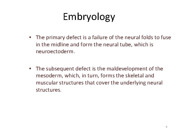 Embryology • The primary defect is a failure of the neural folds to fuse