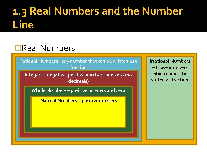 1. 3 Real Numbers and the Number Line �Real Numbers Rational Numbers– any number 1. 3 Real Numbers and the Number Line �Real Numbers Rational Numbers– any number