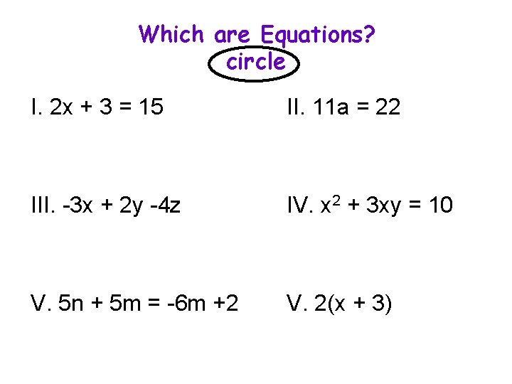 Which are Equations? circle I. 2 x + 3 = 15 II. 11 a Which are Equations? circle I. 2 x + 3 = 15 II. 11 a