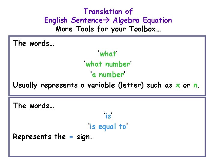 Translation of English Sentence Algebra Equation More Tools for your Toolbox… The words… ‘what’ Translation of English Sentence Algebra Equation More Tools for your Toolbox… The words… ‘what’
