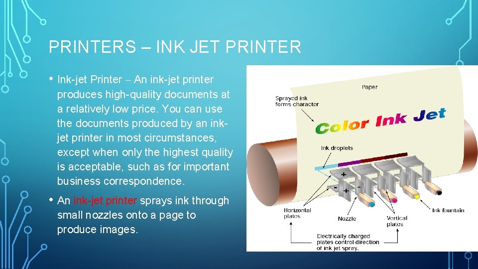 PRINTERS – INK JET PRINTER • Ink-jet Printer – An ink-jet printer produces high-quality