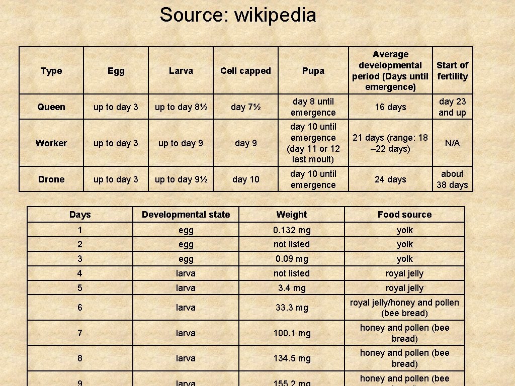 Source: wikipedia Average developmental Start of period (Days until fertility emergence) Type Egg Larva