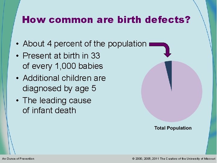 How common are birth defects? • About 4 percent of the population • Present