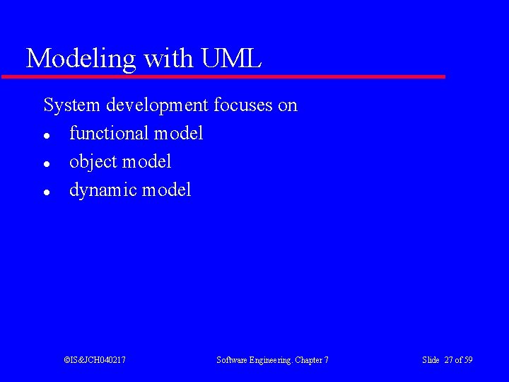 Modeling with UML System development focuses on l functional model l object model l