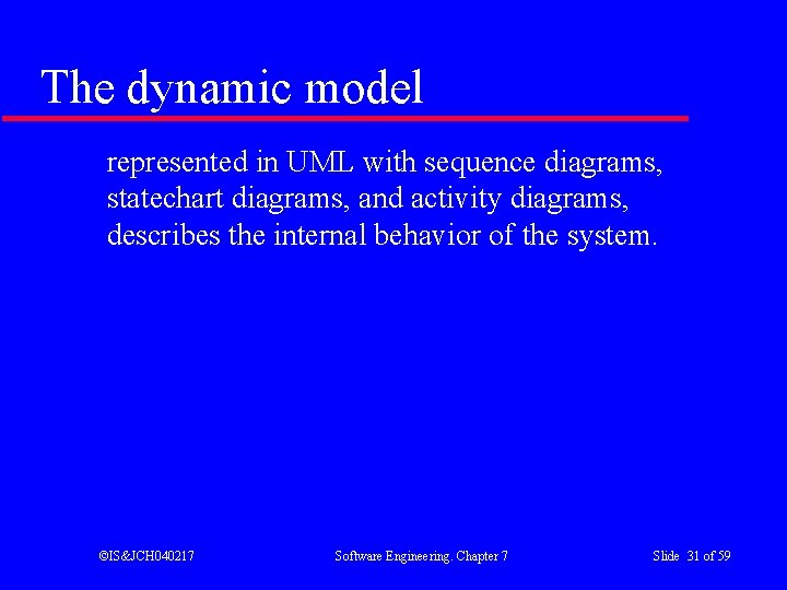 The dynamic model represented in UML with sequence diagrams, statechart diagrams, and activity diagrams,