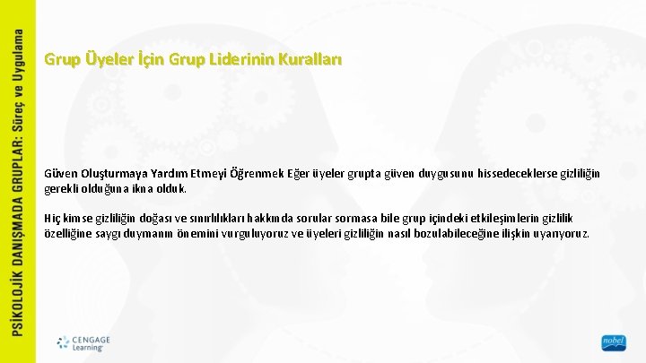 Grup Üyeler İçin Grup Liderinin Kuralları Güven Oluşturmaya Yardım Etmeyi Öğrenmek Eğer üyeler grupta