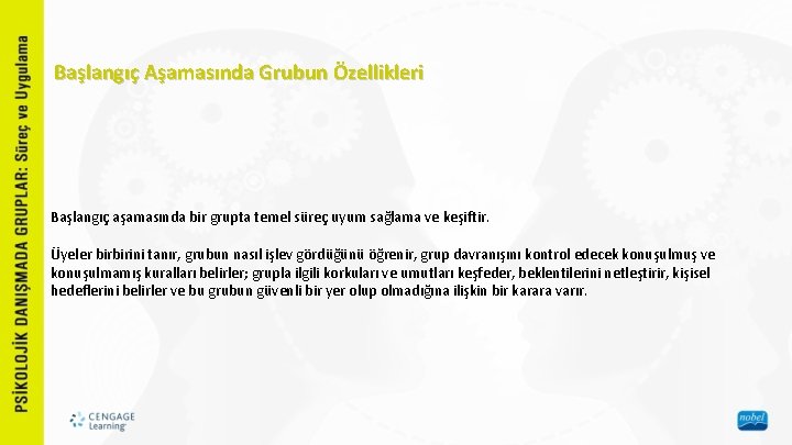 Başlangıç Aşamasında Grubun Özellikleri Başlangıç aşamasında bir grupta temel süreç uyum sağlama ve keşiftir.