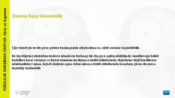 Güvene Karşı Güvensizlik Eğer temel güven duygusu grubun başlangıcında oluşturulmazsa, ciddi sorunlar öngörülebilir. Bir