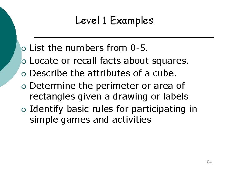 Level 1 Examples ¡ ¡ ¡ List the numbers from 0 -5. Locate or
