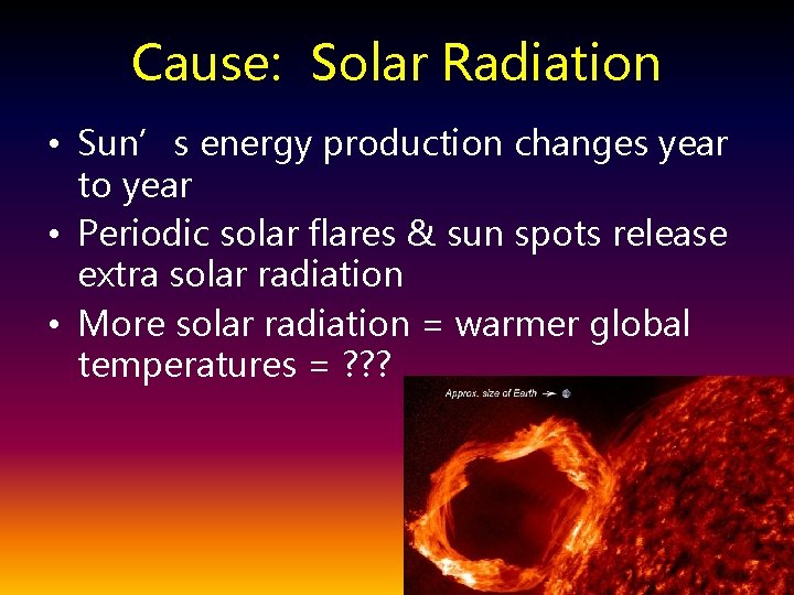 Cause: Solar Radiation • Sun’s energy production changes year to year • Periodic solar