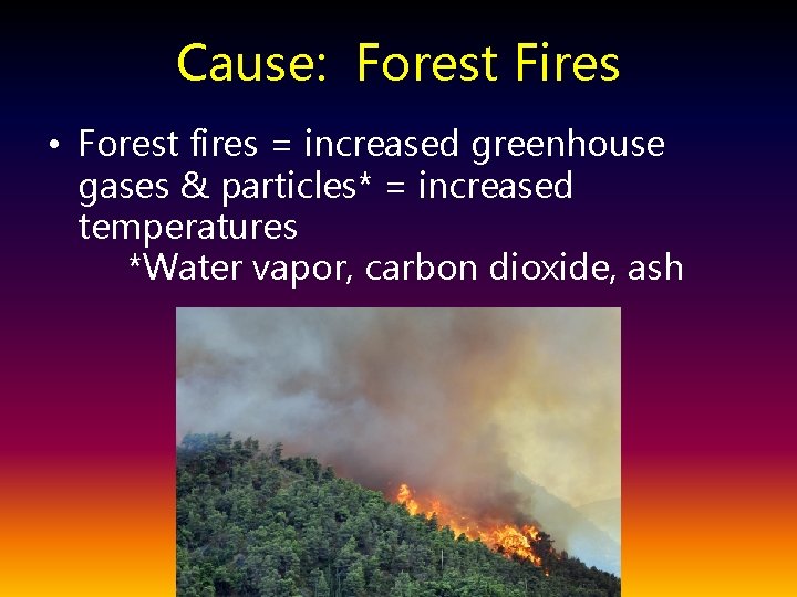 Cause: Forest Fires • Forest fires = increased greenhouse gases & particles* = increased