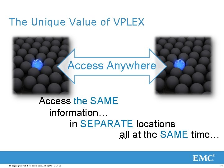 The Unique Value of VPLEX Access Anywhere Access the SAME information… in SEPARATE locations