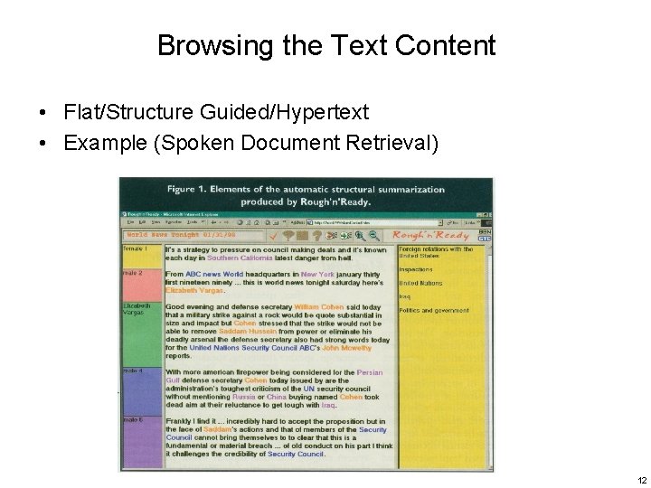 Browsing the Text Content • Flat/Structure Guided/Hypertext • Example (Spoken Document Retrieval) 12 