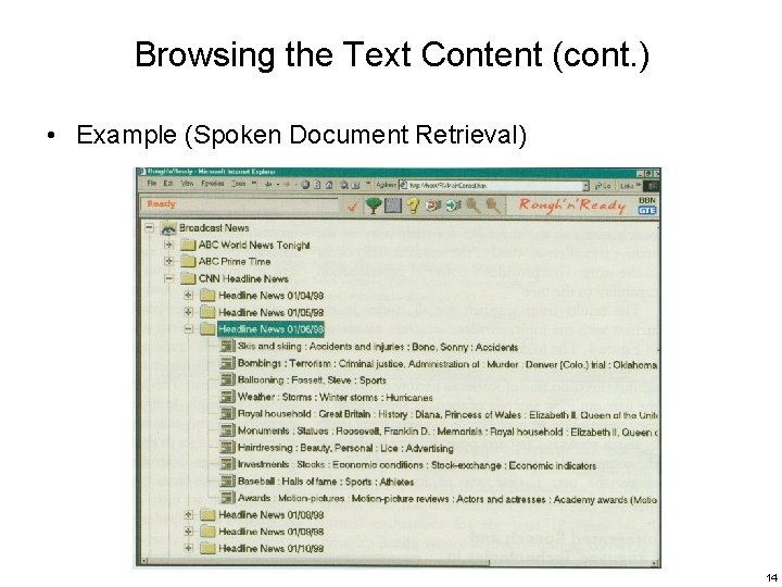 Browsing the Text Content (cont. ) • Example (Spoken Document Retrieval) 14 