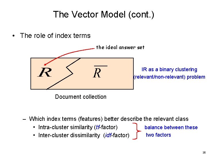 The Vector Model (cont. ) • The role of index terms the ideal answer