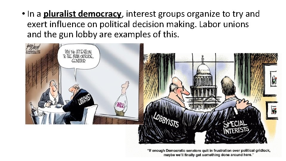  • In a pluralist democracy, interest groups organize to try and exert influence