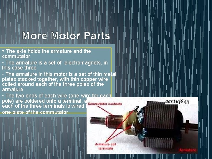 More Motor Parts • The axle holds the armature and the commutator • The