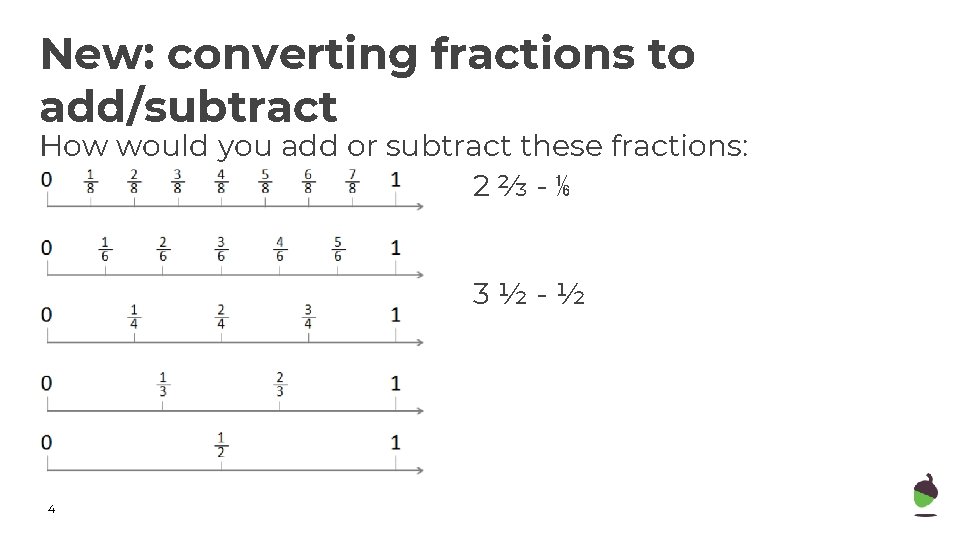 New: converting fractions to add/subtract How would you add or subtract these fractions: 2⅔-⅙ New: converting fractions to add/subtract How would you add or subtract these fractions: 2⅔-⅙