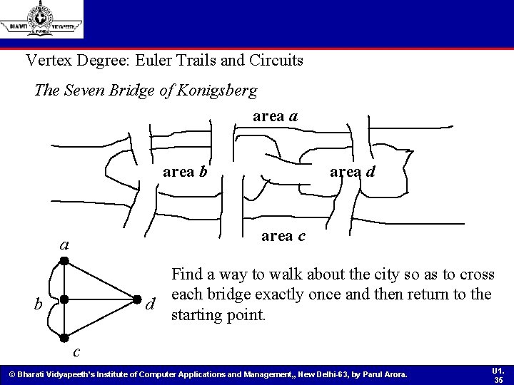 Vertex Degree: Euler Trails and Circuits The Seven Bridge of Konigsberg area a area