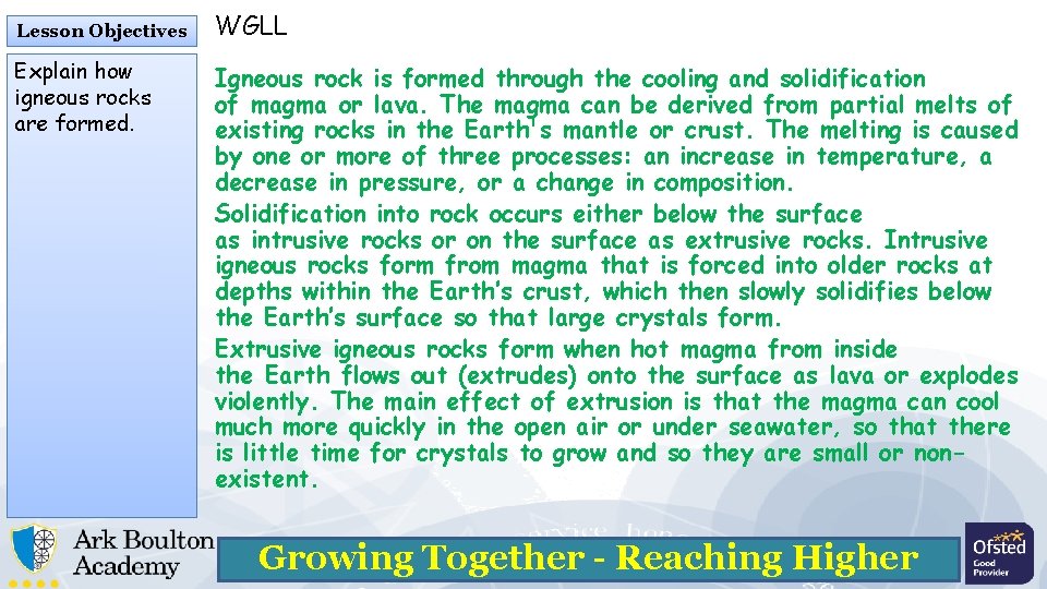 Lesson Objectives Explain how igneous rocks are formed. WGLL Igneous rock is formed through Lesson Objectives Explain how igneous rocks are formed. WGLL Igneous rock is formed through