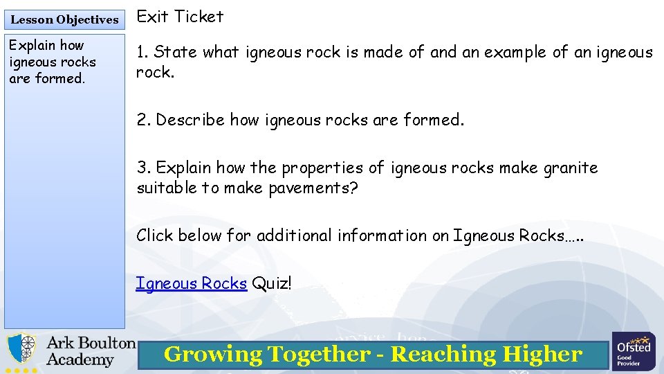 Lesson Objectives Exit Ticket Explain how igneous rocks are formed. 1. State what igneous Lesson Objectives Exit Ticket Explain how igneous rocks are formed. 1. State what igneous