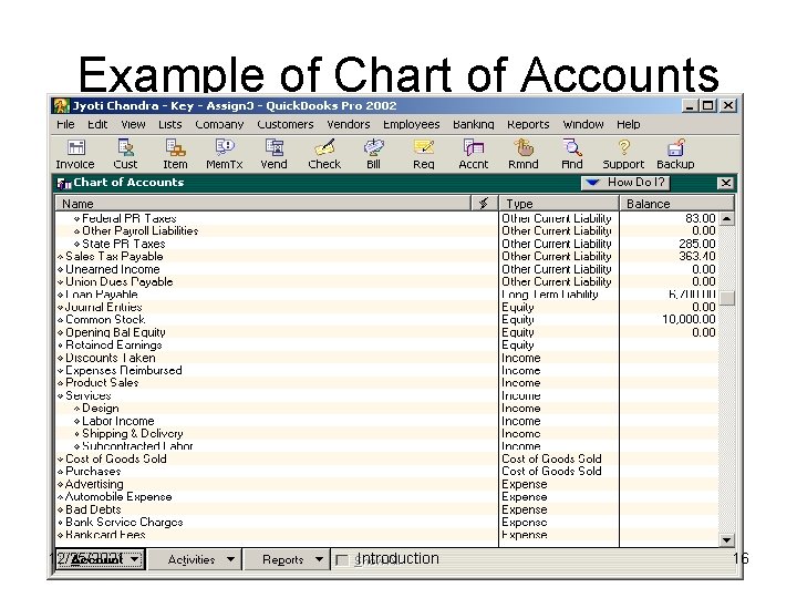 Example of Chart of Accounts 12/25/2021 Introduction 16 