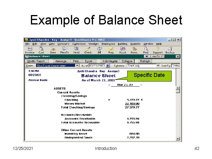 Example of Balance Sheet Specific Date 12/25/2021 Introduction 42 