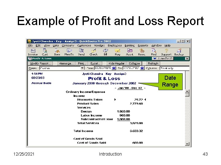 Example of Profit and Loss Report Date Range 12/25/2021 Introduction 43 