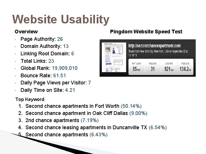 Website Usability Overview • Page Authority: 26 • Domain Authority: 13 • Linking Root