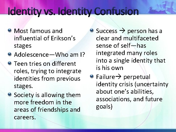 Identity vs. Identity Confusion Most famous and influential of Erikson’s stages Adolescence—Who am I? Identity vs. Identity Confusion Most famous and influential of Erikson’s stages Adolescence—Who am I?