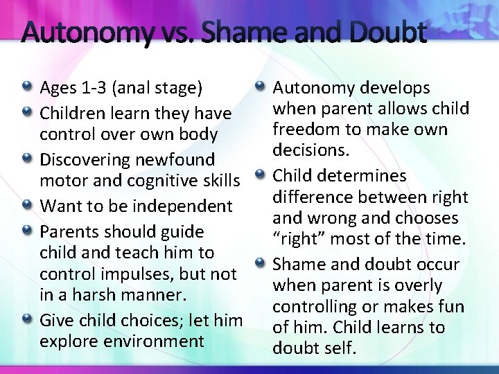 Autonomy vs. Shame and Doubt Ages 1 -3 (anal stage) Children learn they have