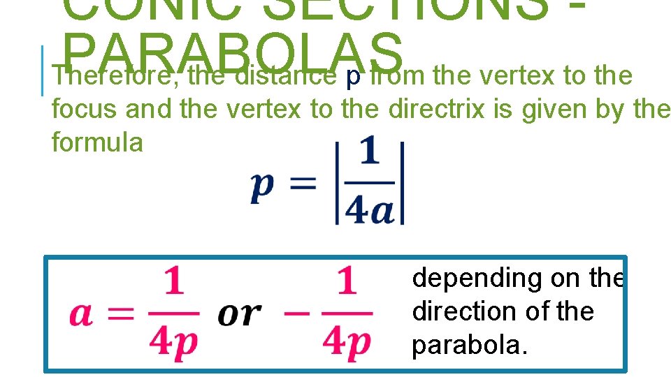 CONIC SECTIONS PARABOLAS Therefore, the distance p from the vertex to the focus and