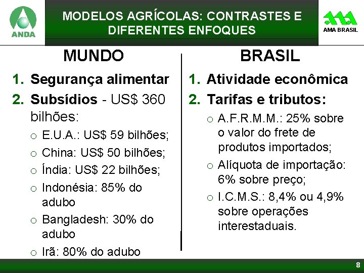 MODELOS AGRÍCOLAS: CONTRASTES E DIFERENTES ENFOQUES AMA BRASIL MUNDO BRASIL 1. Segurança alimentar 2.